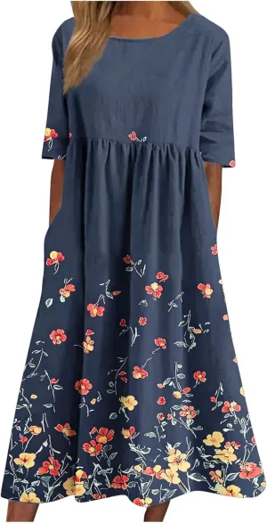 Women's Vintage Floral Print Dress Elegant Flowy Hem Maxi Skirts Comfy Loose Fit Dresses Going Out Daily Wear