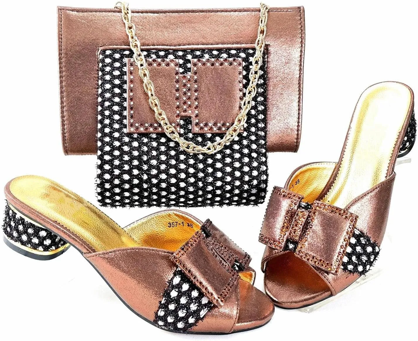 Womens Wedding Party Elegant Shoes and Bag Set Slipper with Shinning Crystal Evening Bag with Flower Closure