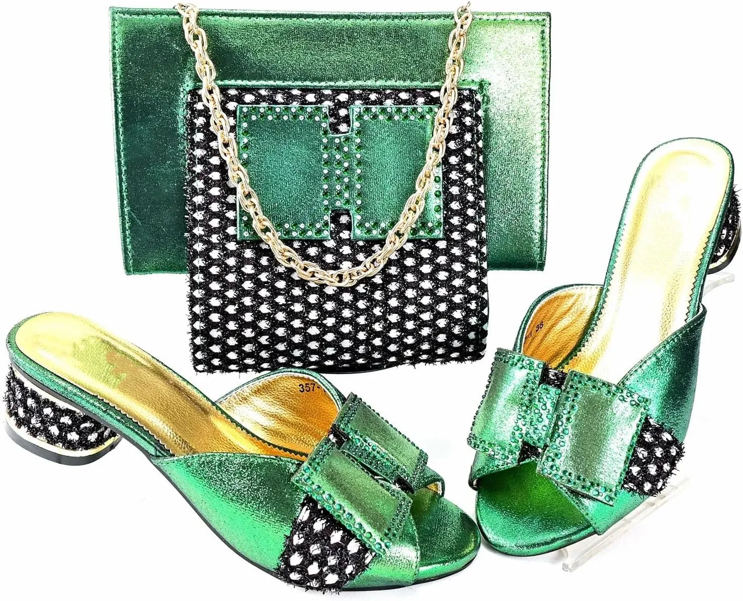 Womens Wedding Party Elegant Shoes and Bag Set Slipper with Shinning Crystal Evening Bag with Flower Closure