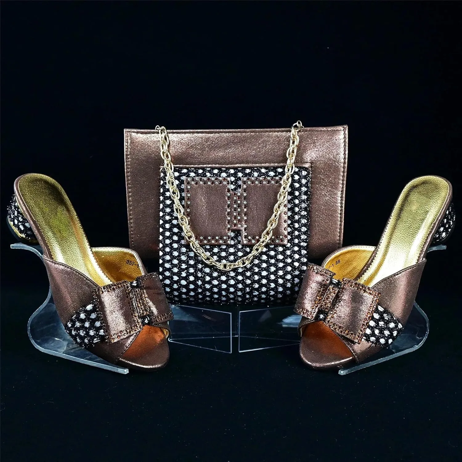 Womens Wedding Party Elegant Shoes and Bag Set Slipper with Shinning Crystal Evening Bag with Flower Closure