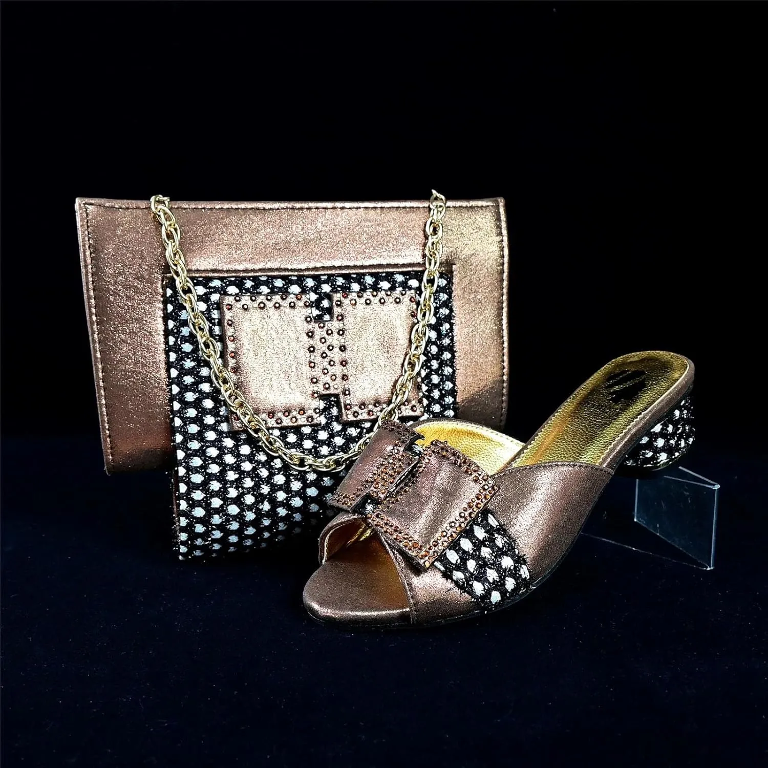 Womens Wedding Party Elegant Shoes and Bag Set Slipper with Shinning Crystal Evening Bag with Flower Closure