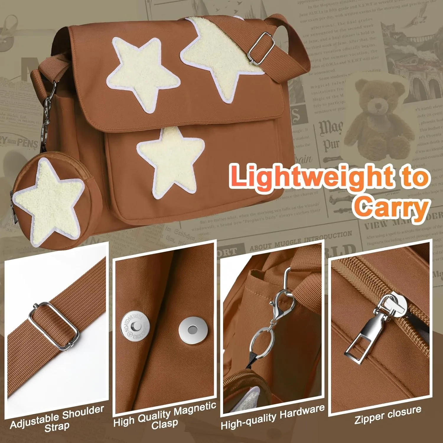 Y2K Messenger Bag for Women, Lightweight Spacious Stars Tote Purse with Cute Coin Purse, Crossbody Shoulder Bag