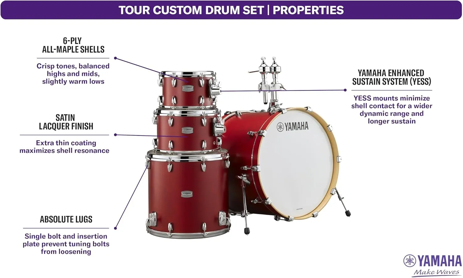 Yamaha Tour Custom Maple 4pc Fusion Shell Pack, Apple Satin