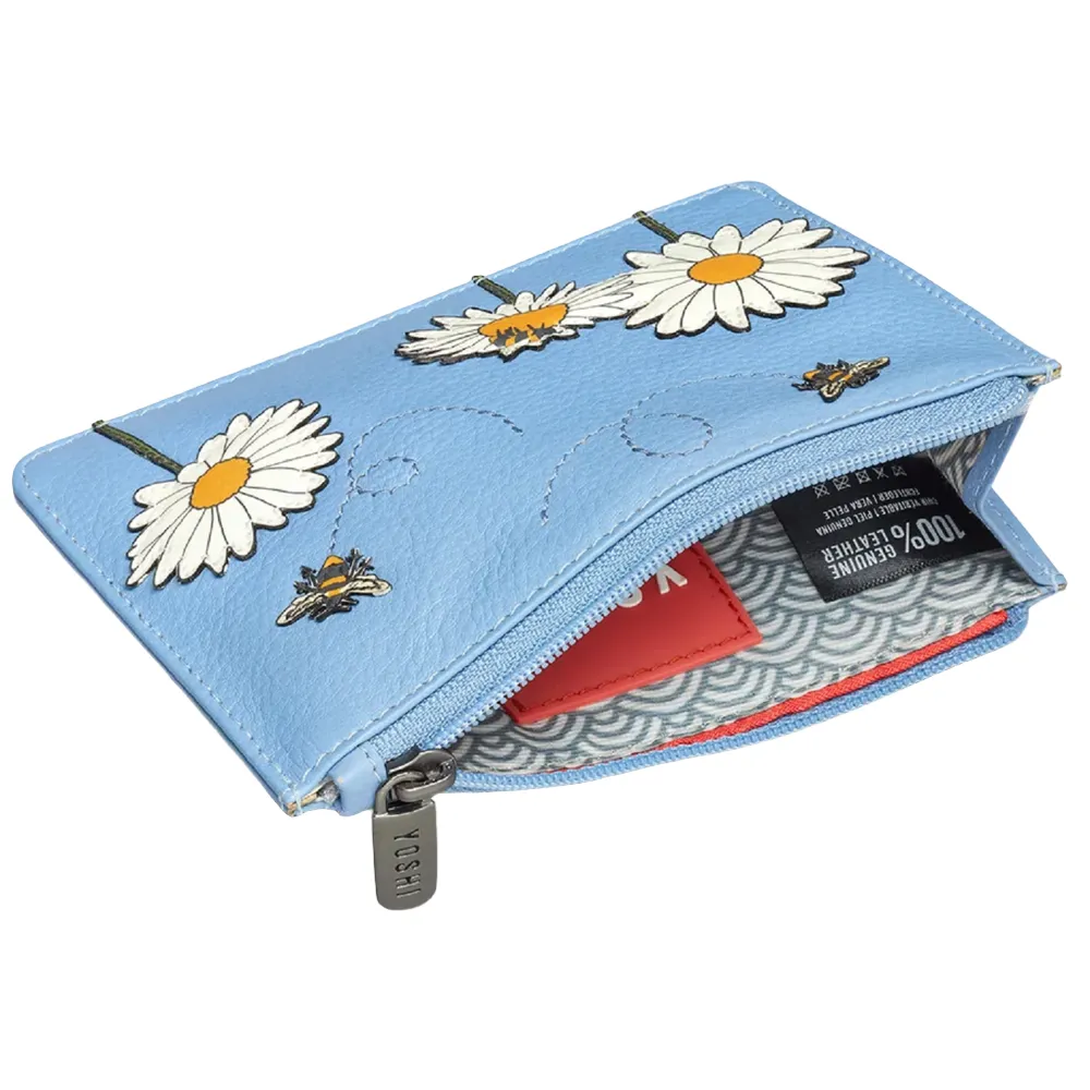 Yoshi Bee Happy Zip Top Blue Leather Purse