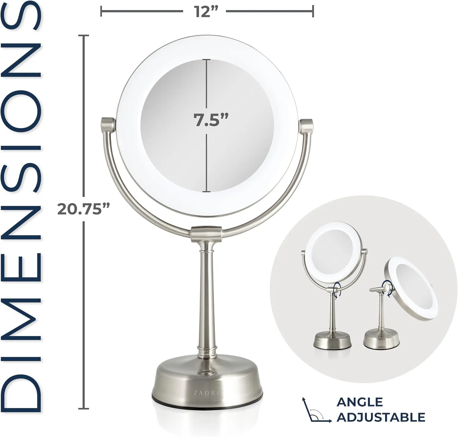 Zadro Lexington LED Lighted Makeup Mirror with Magnification Two-Sided Swivel Mirror with Lights for Makeup Desk Vanity (10X/1X, 12" W x 20" H, 10" Head, 7.5" Mirror, Satin Nickel)