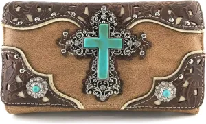 Zelris Turquoise Rhinestone Cross Western Women Crossbody Wrist Trifold Wallet