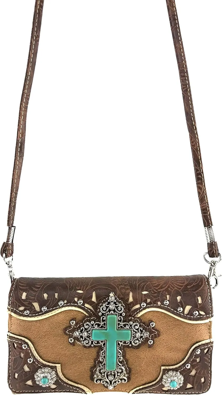 Zelris Turquoise Rhinestone Cross Western Women Crossbody Wrist Trifold Wallet
