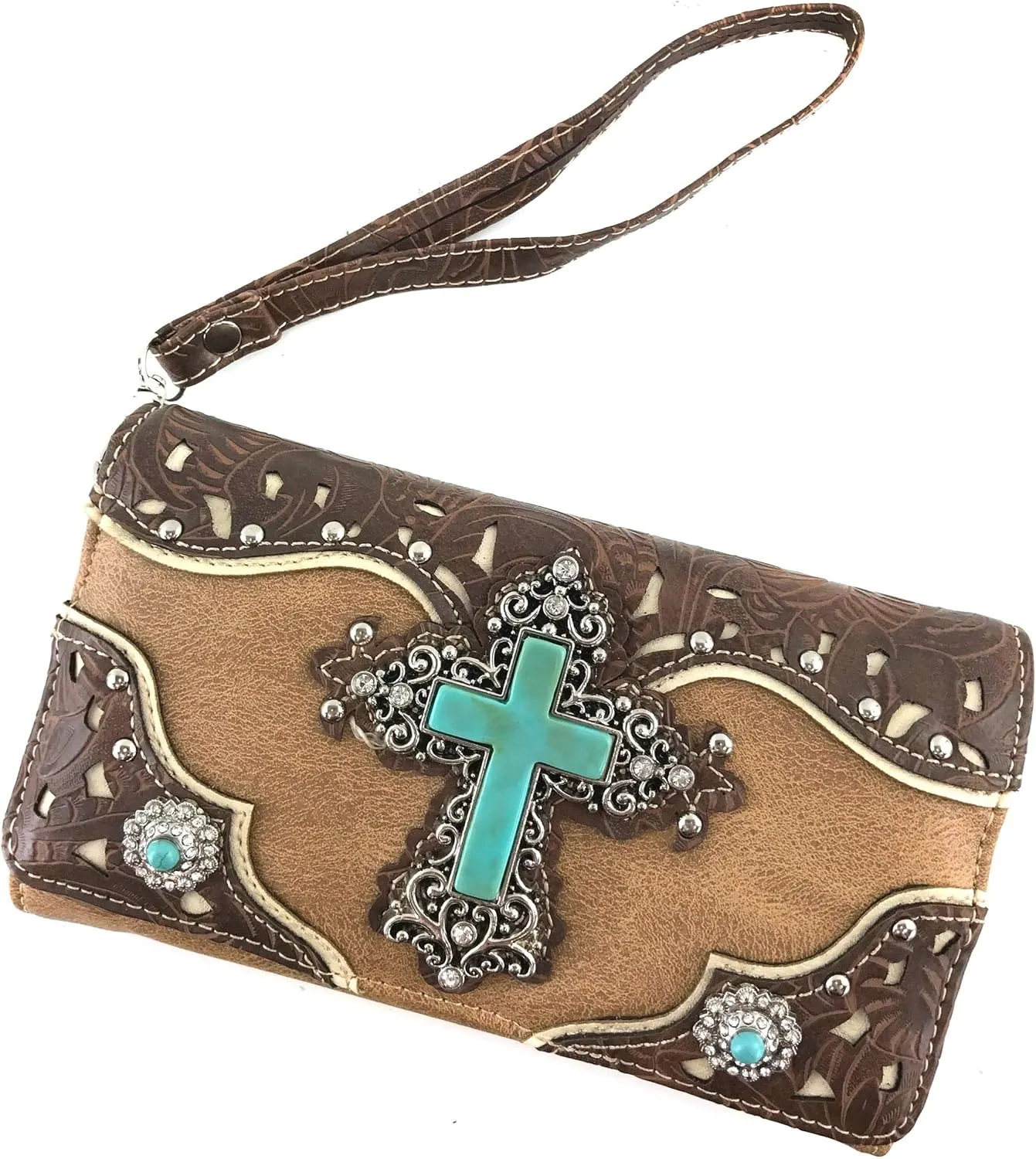 Zelris Turquoise Rhinestone Cross Western Women Crossbody Wrist Trifold Wallet