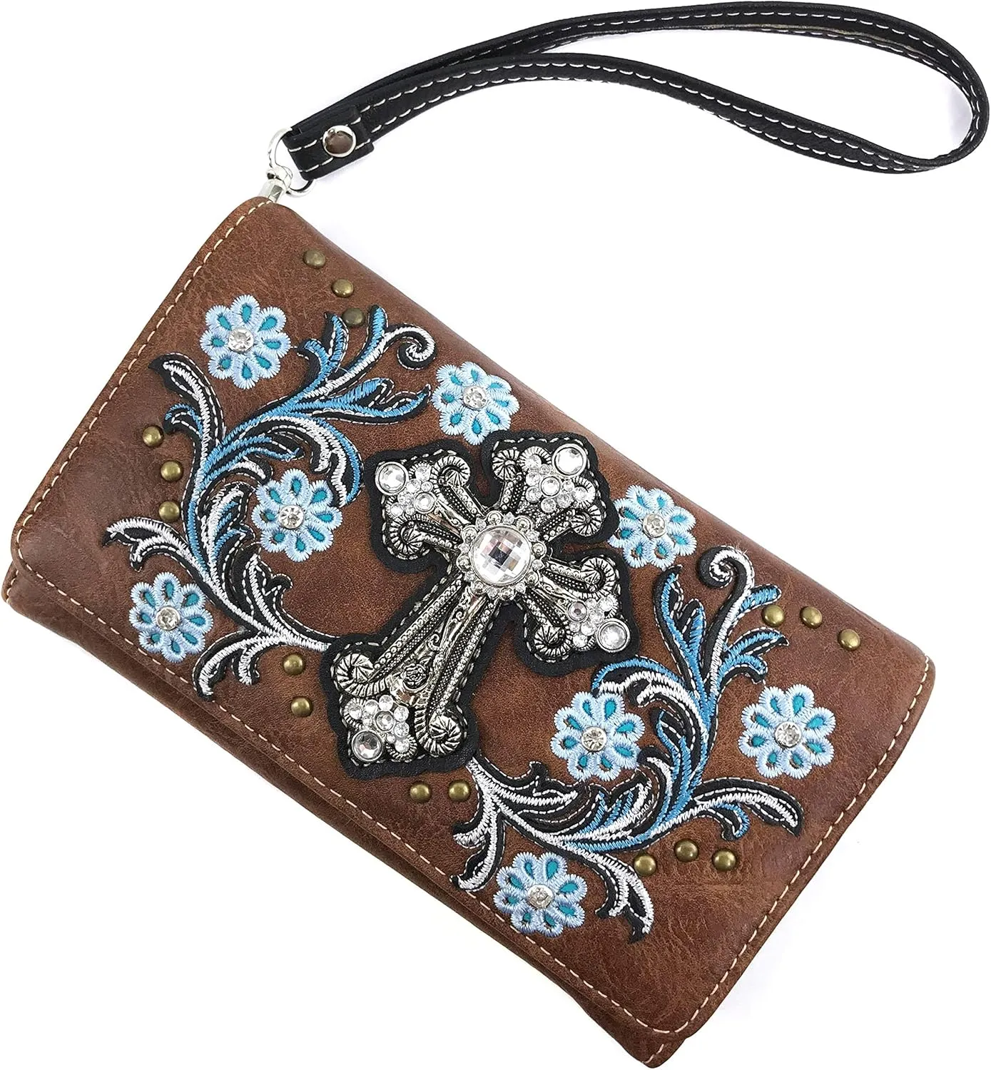 Zelris Western Cross Daisy Flower Women Crossbody Wrist Trifold Wallet
