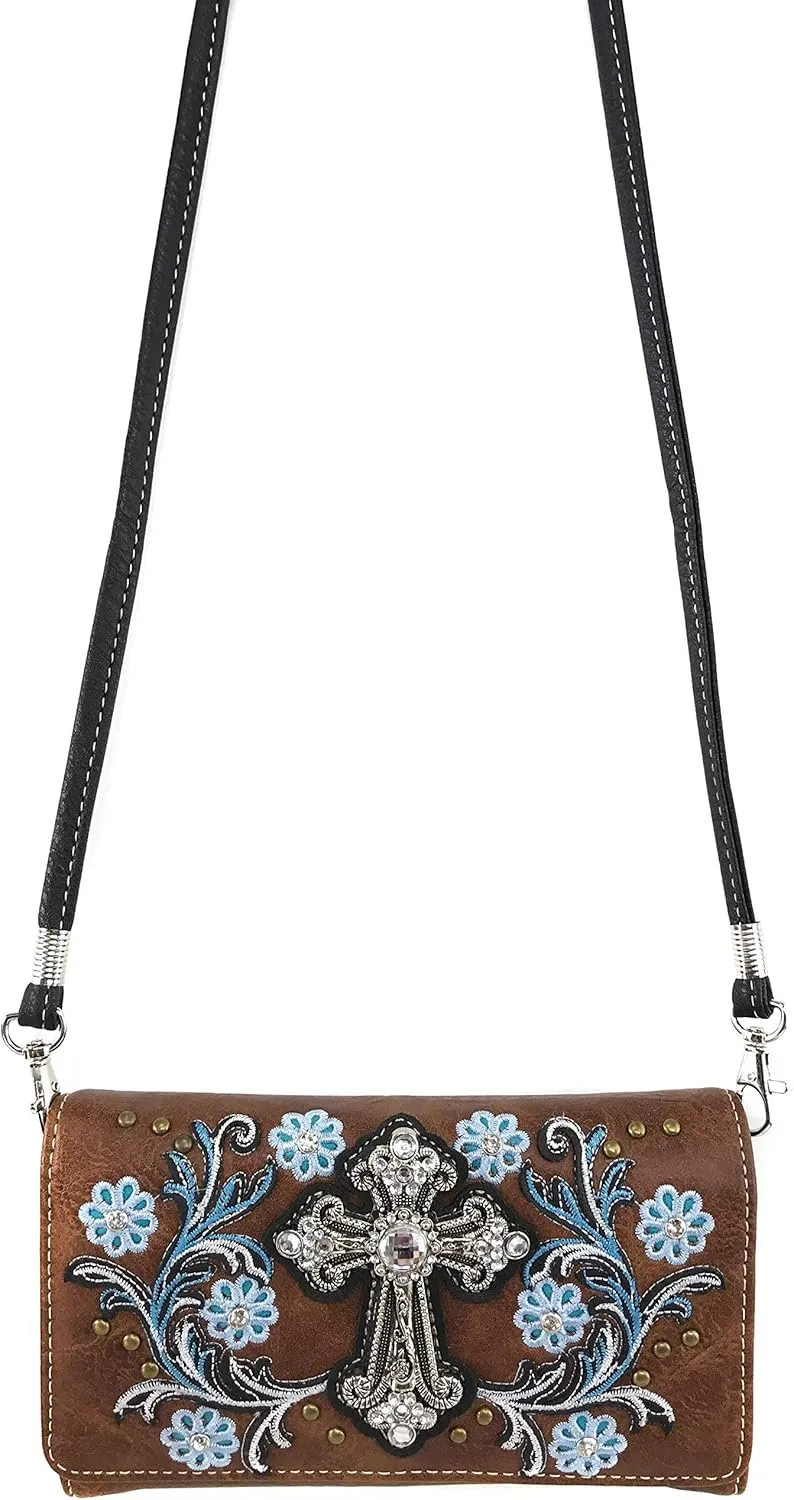 Zelris Western Cross Daisy Flower Women Crossbody Wrist Trifold Wallet