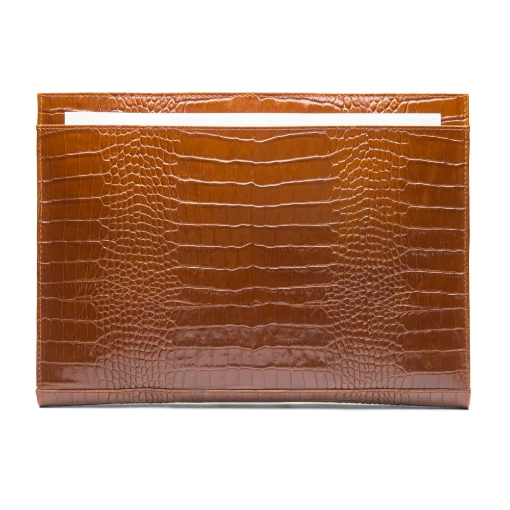 Zip Top Leather Folder - Tan Croc-Effect