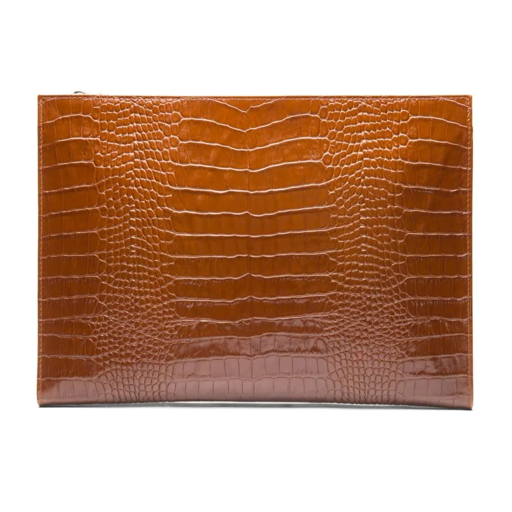 Zip Top Leather Folder - Tan Croc-Effect