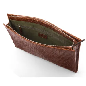 Zip Top Leather Folder - Tan Croc-Effect
