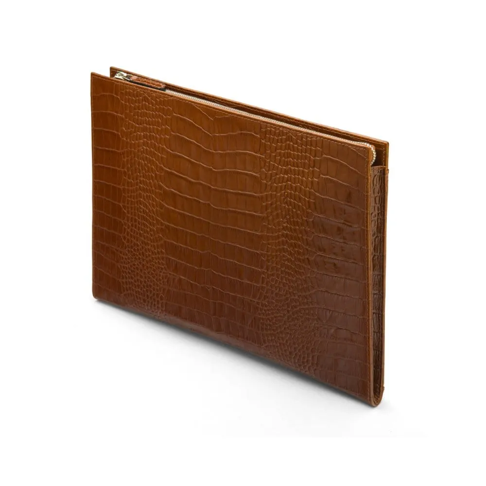 Zip Top Leather Folder - Tan Croc-Effect